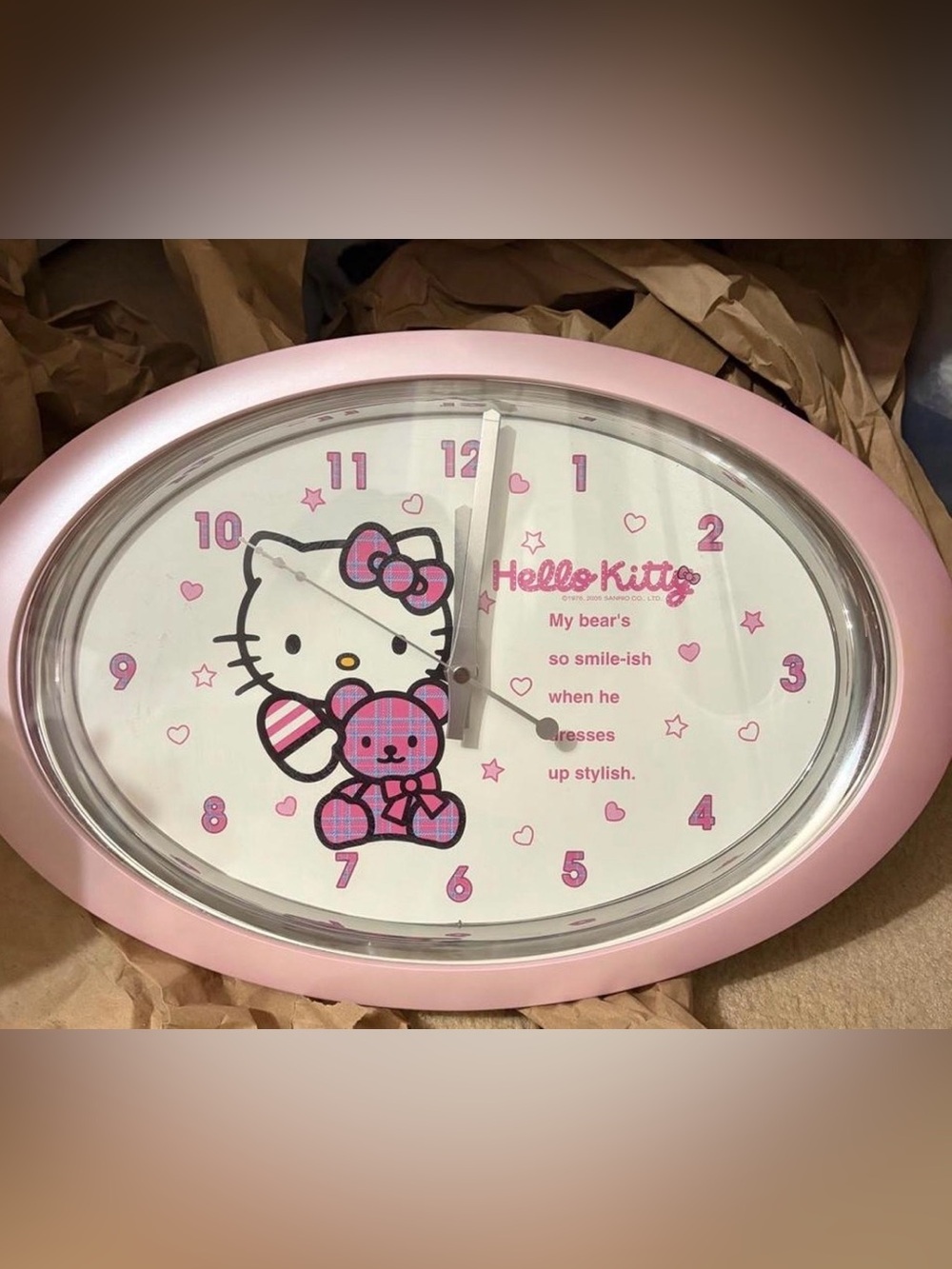 Hello Kitty Pink Oval Wall Clock with Teddy Graphic 2005 USED